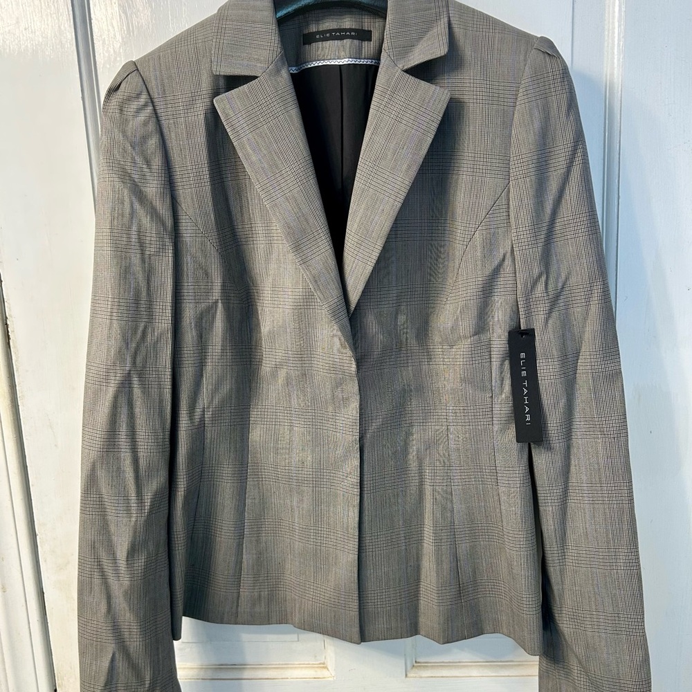 Elie Tahari glen plaid blazer 4 NWT gray brown cropped jacket w/ snap closure